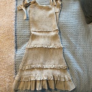 O.Vianca smocked ruffle tiered tan mini dress